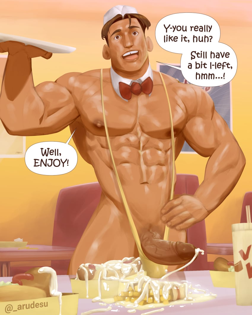 1boy abs arudesu big_penis bowtie cum cum_dressing cum_drip cum_leaking cum_on_food cum_sauce cum_string cumming ejaculation english english_text erect_penis erection excessive_cum food food_fetish food_play gay huge_cock large_penis looking_at_viewer muscular muscular_male pecs penis_bulge pov pov_eye_contact solo solo_male talking_to_viewer text text_bubble thick_penis thong veiny_penis waiter