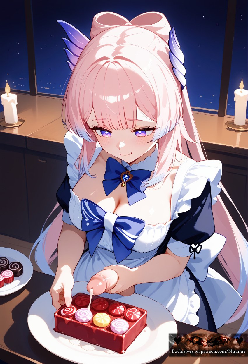 absurdres ai_generated alternate_costume apron bangs black_dress blue_bow blue_hair blunt_bangs blush bow bow-shaped_hair bowtie breasts cake candle candy cleavage closed_mouth cum cup detached_collar dress enmaided female food futanari genshin_impact hair_ornament highres holding indoors large_breasts long_hair looking_at_viewer looking_down maid maid_apron multicolored_hair night night_sky niraniri pink_hair plate puffy_short_sleeves puffy_sleeves purple_eyes sangonomiya_kokomi short_sleeves sky smile solo standing white_apron window