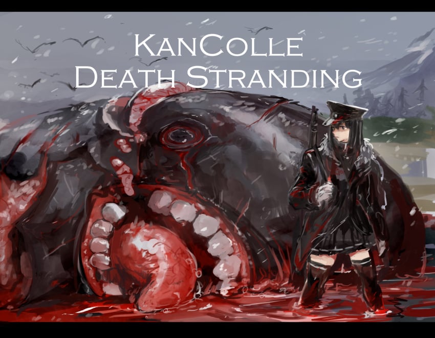 abyssal_ship akitsu_maru_(kancolle) black_coat black_hair black_skirt black_thighhighs blood blood_on_clothes coat commentary_request death_stranding english_text female fur_collar gloves gun guro highres i-class_destroyer kantai_collection letterboxed miniskirt osakana_(denpa_yun'yun) outdoors pleated_skirt rifle short_hair skirt snowing teeth thighhighs tongue wading weapon zettai_ryouiki