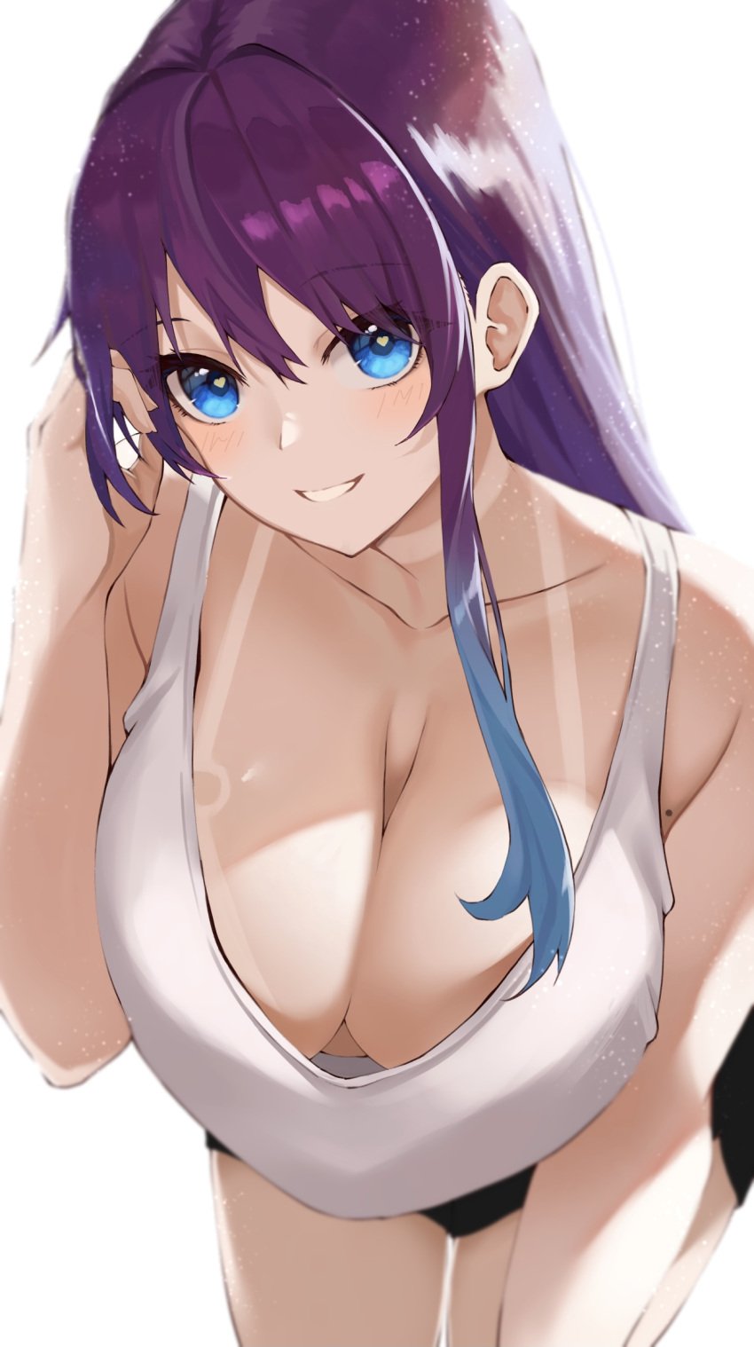 1girls big_breasts black_shorts blue_eyes breasts cleavage collarbone downblouse hand_in_own_hair hand_up heart heart-shaped_pupils hi_res leaning_forward long_hair looking_at_viewer mole original purple_hair shirt shorts simple_background smile solo standing straight_hair symbol-shaped_pupils tan tank_top tanline udon_(udonalium) white_background white_shirt