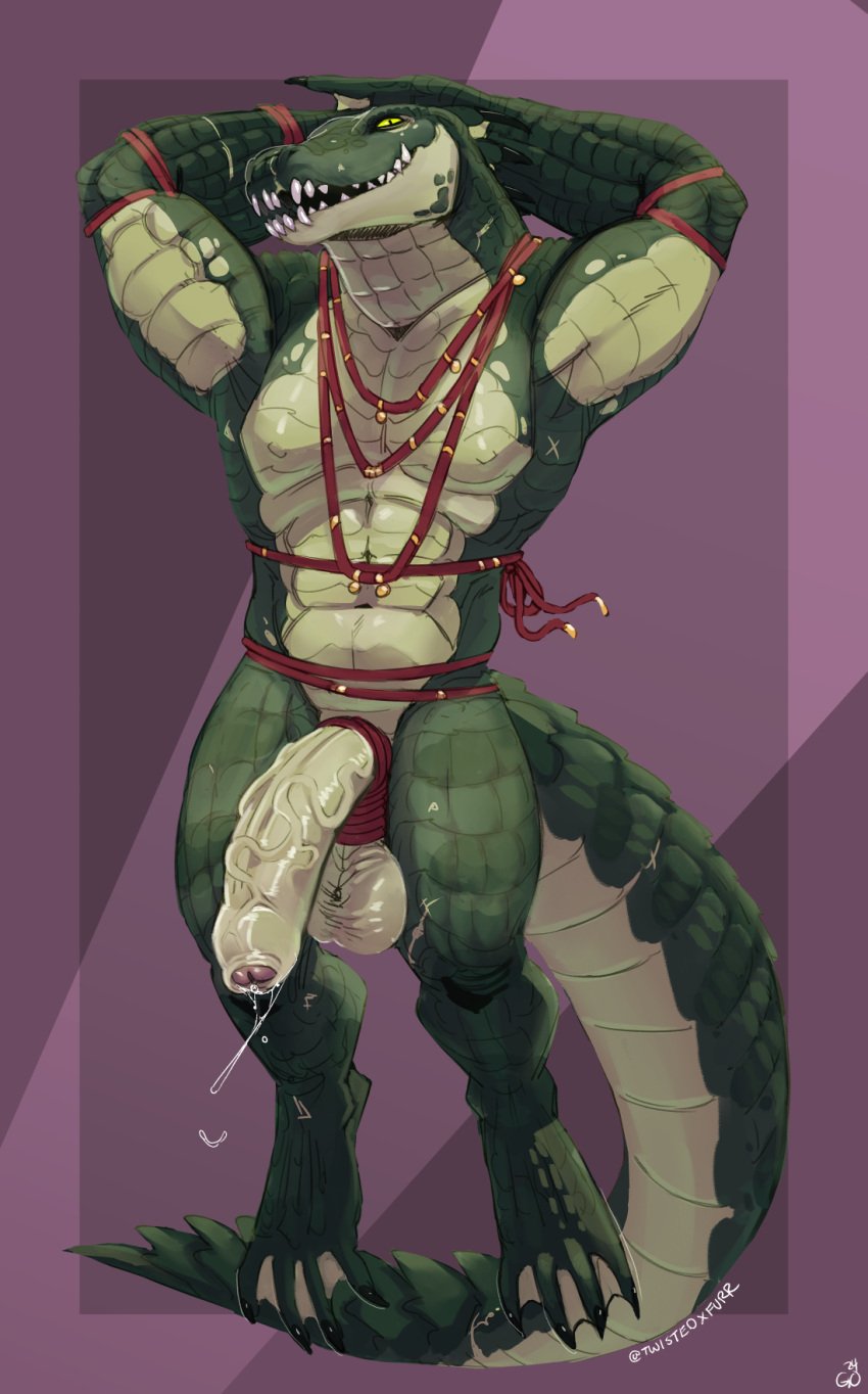 anthro balls big_balls big_penis bodily_fluids crocodile crocodilian erection feet foreskin genital_fluids genitals green_body green_scales hands_behind_head hi_res huge_cock humanoid_genitalia humanoid_penis long_penis long_tail male membrane_(anatomy) muscular muscular_anthro muscular_male penis precum pupils reptile scales scalie sharp_teeth slit_pupils tail teeth thick_tail toes twistedteeth vein veiny_penis webbed_feet webbed_hands yellow_eyes