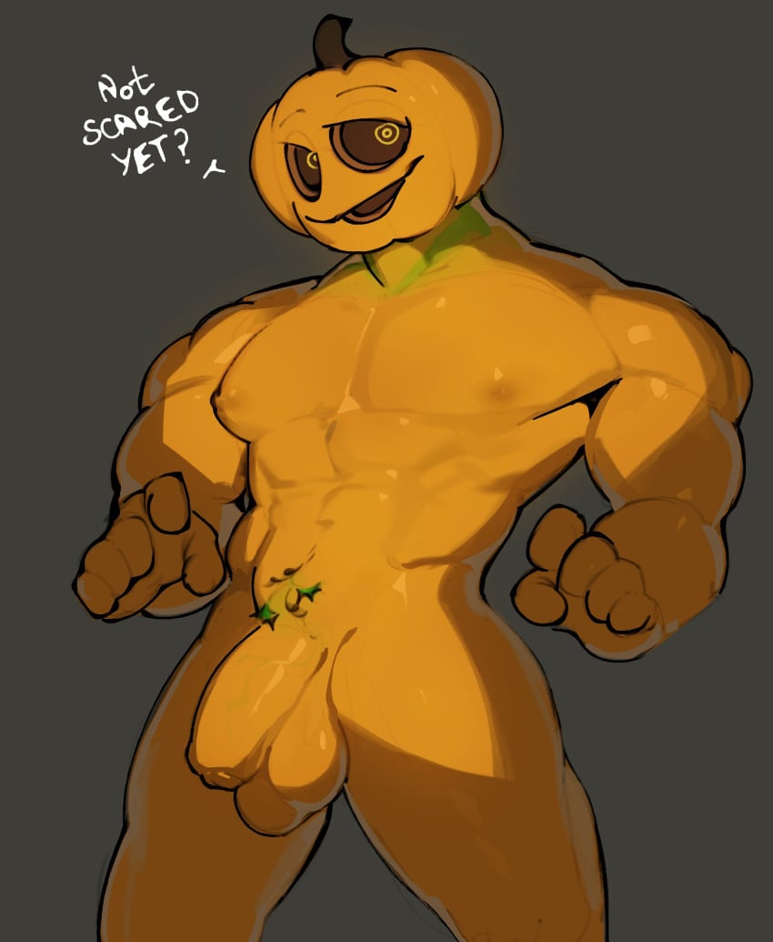 1boy 2024 abs balls elemental_creature english english_text flaccid flaccid_penis halloween hi_res holidays jack-o'-lantern kogito looking_at_viewer male_only muscular muscular_arms muscular_thighs navel nipples nude nude_male orange_body pecs penis pubes pubic_hair pumpkin sagging_balls simple_background smile smiling solo testicles text uncut vein veiny_penis