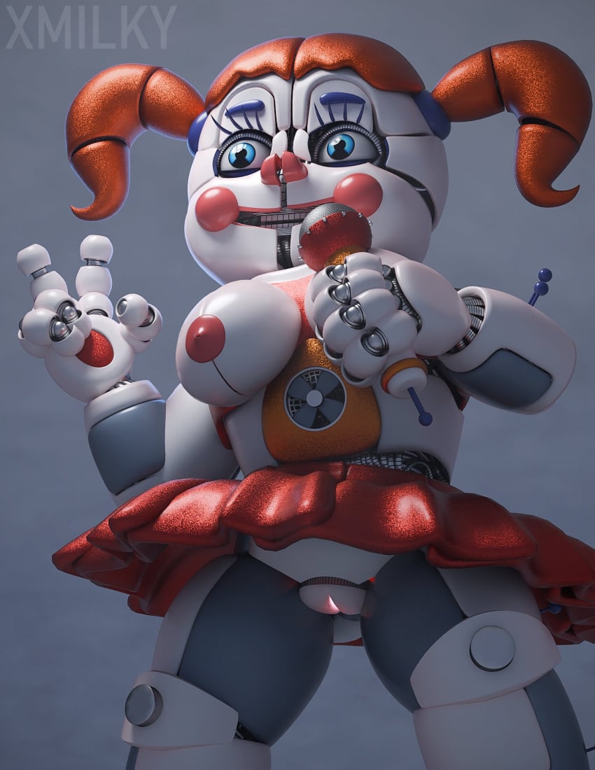 3d animatronic big_breasts blue_eyes breasts circus_baby_(fnaf) female female_only five_nights_at_freddy's five_nights_at_freddy's:_sister_location microphone nipples orange_hair peace_sign pink_nipples pussy red_skirt robot robot_girl robot_humanoid skirt thighs twintails vagina white_body x3milky