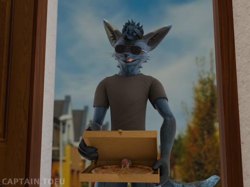 anatomically_correct anatomically_correct_genitalia anthro black_clothing black_shirt black_topwear blender_(artwork) blue_body blue_fur blue_hair canid canine captain_tofu clothing container delivery_(commerce) delivery_employee digital_media_(artwork) doorstep eyewear food food_on_penis fox fur genitals hair hi_res knot male mammal neighborhood outside pizza pizza_box rexouium shirt smug_face solo sunglasses tongue tongue_out topwear