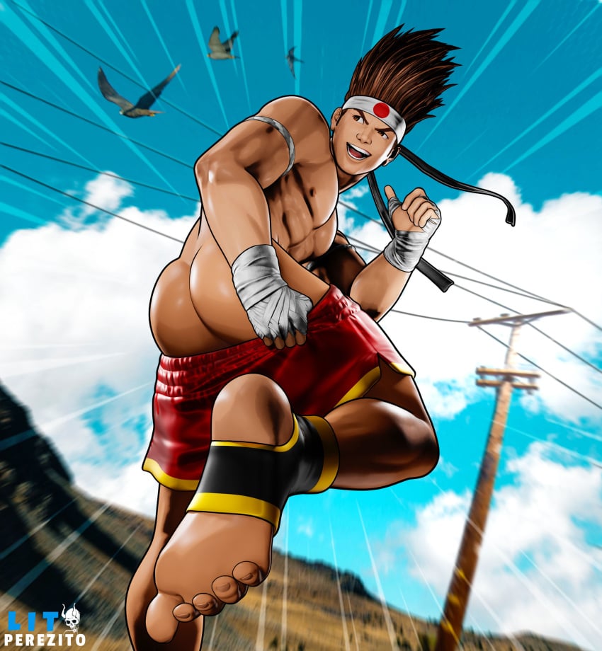 1boy ass ass_focus birds brown_hair bubble_butt daemoncollection feet human joe_higashi king_of_fighters litoperezito looking_back male male_feet male_only mooning muscular muscular_male outside snk solo taunting yaoi