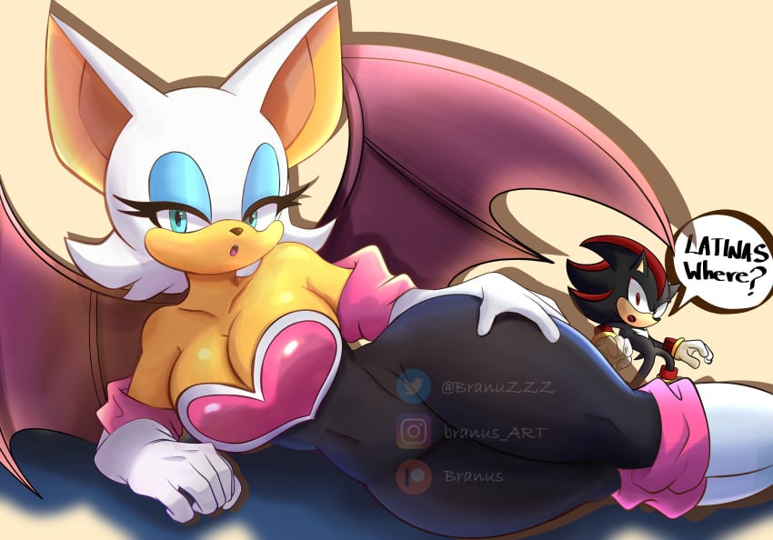 1boy 1girls anthro bat bedroom_eyes big_breasts branuzzz breasts clothing female furry gloves hand_on_hip mammal membrane_(anatomy) membranous_wings provocative rouge_the_bat seductive shadow_the_hedgehog sonic_(series) sonic_the_hedgehog_(series) tagme thick_ass thick_hips thick_thighs voluptuous wide_hips wings