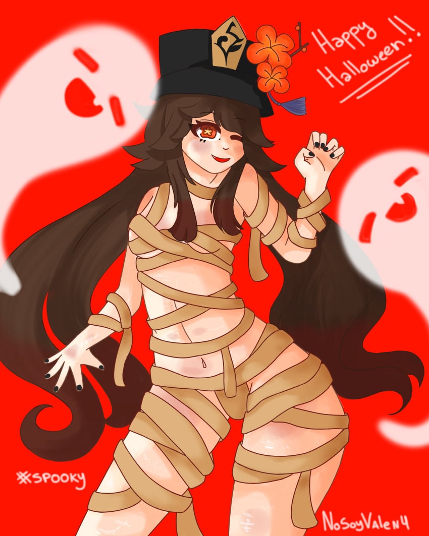 black_nails brown_hair censored censored_nipples censored_pussy female_only genshin_impact halloween halloween_costume halloween_theme hu_tao_(genshin_impact) mummy mummy_costume nails_painted red_eyes skinny small_boobs small_breasts spooktober