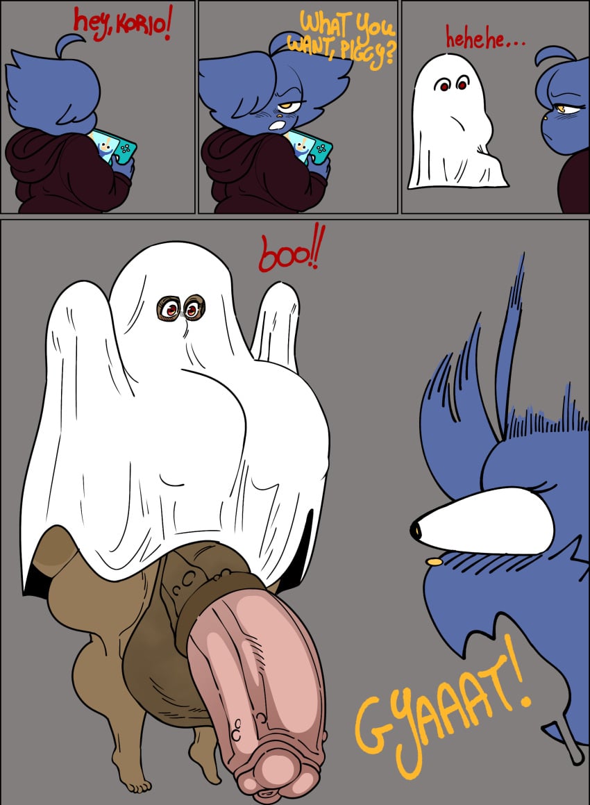 1boy 1futa big_ass big_breasts big_penis dark-skinned_female female furry futanari futanari/male ghost ghost_costume halloween halloween_costume horsecock huge_ass huge_cock megokinho original original_character sheet_ghost sheets video_game