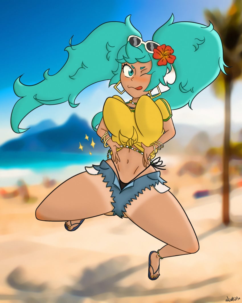 1girls beach big_breasts brazil brazilian brazilian_female brazilian_flag brazilian_miku female girl hatsune_miku hi_res high_resolution highres jumping long_hair mikuo_hatsune namtab sandals shirt summer sunglasses sunglasses_on_head tan tan_body tan_skin tanline tanned tanned_skin teen thick_thighs thighs thong thong_aside very_high_resolution