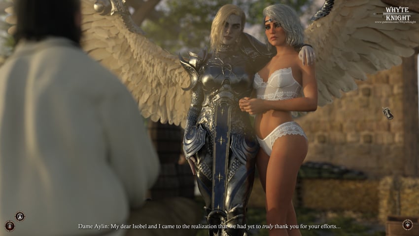 2girls 2girls1boy angel angel_wings armor baldur's_gate baldur's_gate_3 before_sex dame_aylin dungeons_and_dragons heavy_makeup isobel_(baldur's_gate) lingerie makeup mischievous_smile outdoors short_hair silver_hair story story_in_picture tav_(baldur's_gate) teasing text text_box video_game video_game_character video_games white_hair whyte_knight wings