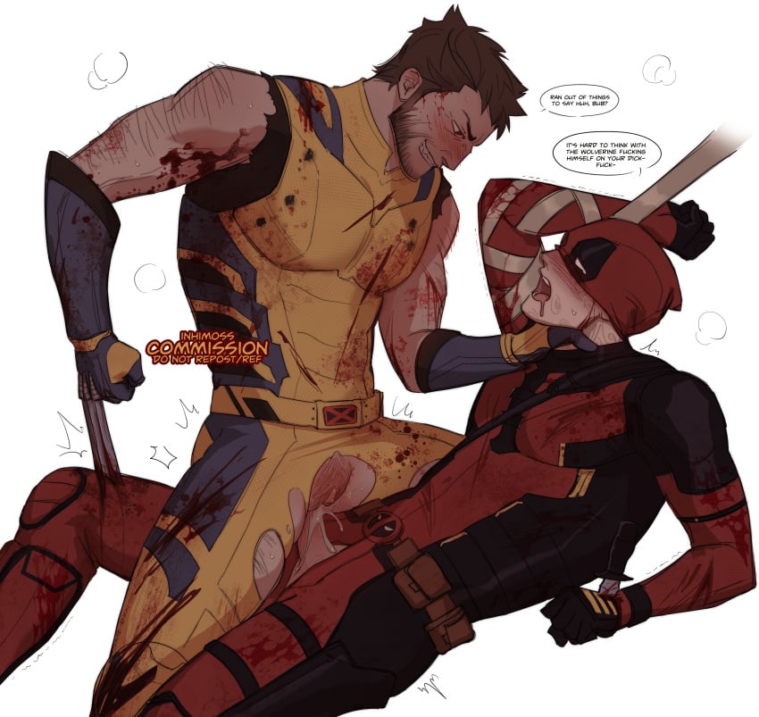 2boys absurdres arm_hair beard belt black_gloves blood blood_on_clothes blood_on_face blush bodysuit brown_hair claw_(weapon) clenched_hand clitoris cum cum_in_pussy cuntboy cuntboy_with_male deadpool deadpool_&_wolverine deadpool_(series) dominant_cuntboy english_text erection facial_hair full-face_blush gloves grin hand_on_another's_neck highres inhimoss knife large_pectorals looking_at_another marvel marvel_cinematic_universe mask_lift multiple_boys open_mouth pectorals penis power_bottom pubic_hair pussy red_bodysuit red_mask restrained seatbelt sex short_hair sleeveless smile speech_bubble spread_legs stab strangling superhero_costume teeth torn_bodysuit torn_clothes trembling utility_belt vaginal_penetration weapon wolverine_(x-men) x-men yaoi yellow_bodysuit