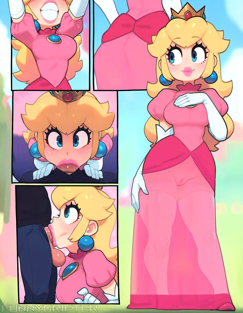 1boy 1girls ai_generated blonde_hair blue_eyes clothed clothing comic comic_page crown deepthroat dress earrings elbow_gloves fellatio female funnygrifter gloves hand_on_breast jewelry lipstick long_hair male mario_(series) multiple_views nintendo oral oral_sex pov princess princess_peach see-through see-through_clothing side_view transparent_clothing