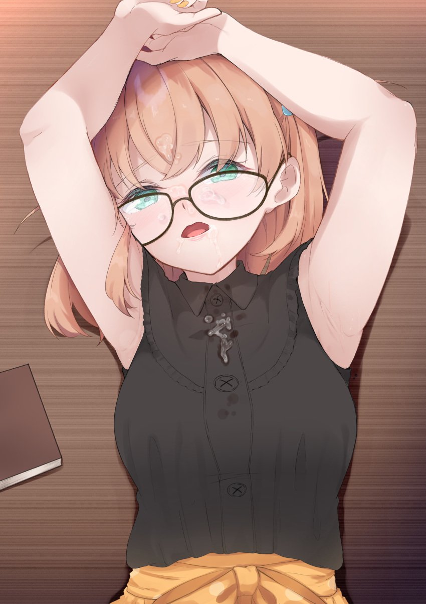 absurdres aqua_eyes armpits arms_up black-framed_eyewear black_shirt blush book breasts collared_shirt commentary_request crossed_bangs cum cum_on_body cum_on_clothes cum_on_eyewear cum_on_hair d: facial female frilled_shirt frills glasses highres hinoshita_kaho hinoshita_kaho_(ishikawa_prefectural_library) link!_like!_love_live! looking_at_viewer love_live! medium_breasts medium_hair official_alternate_costume open_mouth orange_hair orange_nails orange_skirt parisnoko shirt shirt_tucked_in skirt sleeveless sleeveless_shirt solo two_side_up virtual_youtuber