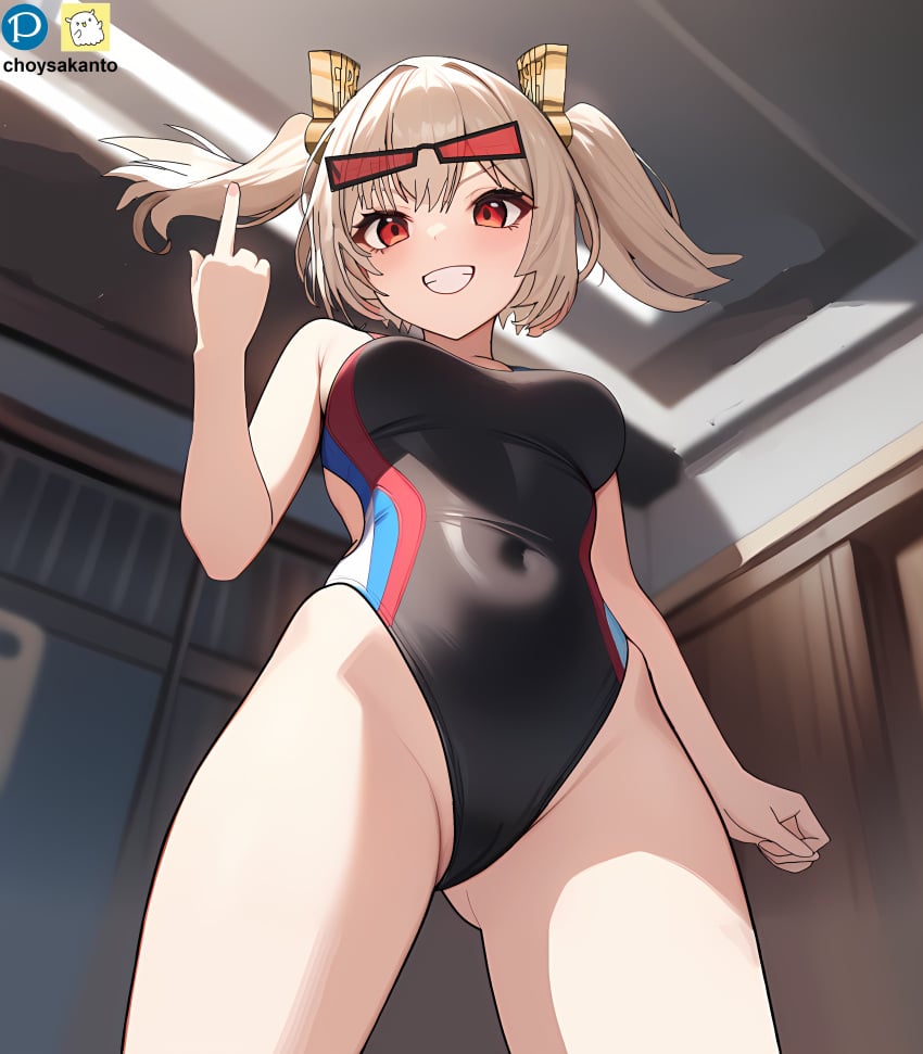 ai_generated blonde_hair burnice_white choysakanto clenched_teeth colored_glasses competition_swimsuit eyeglasses female hair_ornament middle_finger one-piece_swimsuit red_eyes smile smirk thighs twintails viewed_from_below zenless_zone_zero