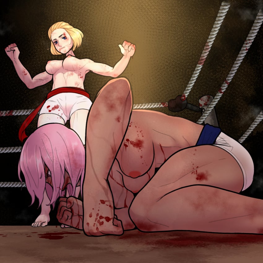 blonde_hair blood blood_on_clothes blood_on_face boxing_ring breasts catfight defeat female highres himoneko large_breasts original pink_hair topless_humanoid