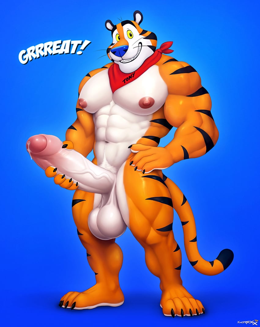 abs anthro biceps big_balls big_boner big_penis black_stripes blue_nose cereal_mascot cum frosted_flakes furry holding_penis horny kelloggs long_tail muscles muscular muscular_body orange_fur pecs precum precumming red_bandana smiling smiling_at_viewer smirking_at_viewer tiger tits tony_the_tiger triceps white_balls white_penis ximorexx