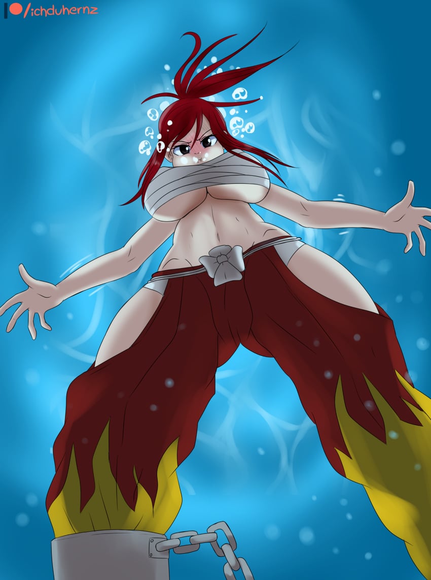 1girls air_bubbles asphyxiation black_eyes breasts bubbles chained clothed drowning erza_scarlet fairy_tail female from_below holding_breath huge_breasts ichduhernz looking_at_viewer looking_down looking_down_at_viewer navel panties pants peril puffed_cheeks red_hair solo underboob underwater underwater_peril underwear water white_panties white_underwear wrappings