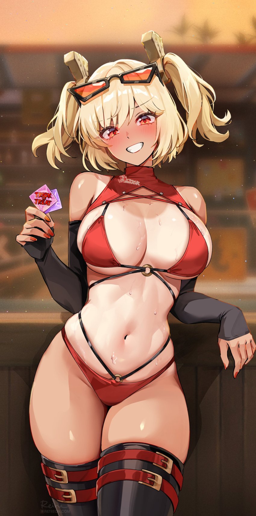 1girls blonde_hair breasts burnice_white female foxyreine hoyoverse large_breasts light-skinned_female long_hair naughty_face red_eyes tan tan-skinned_female tanline tanlines tanned_skin twintails zenless_zone_zero