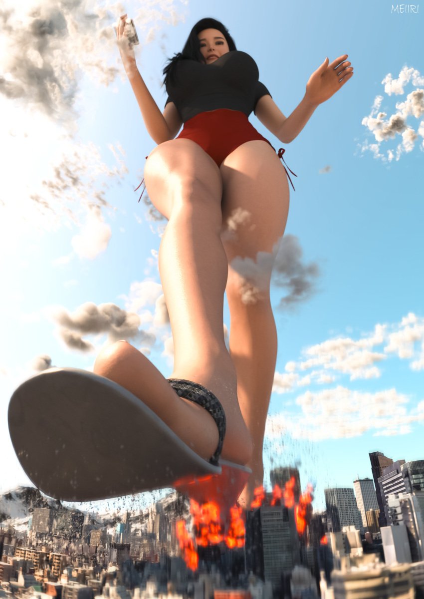 1girls 3d 3d_(artwork) big_breasts black_hair black_hair_female breasts city city_destruction clothed clothed_female debris destruction earthquake falling_debris falling_rocks female female_focus female_only flip_flops giantess giga_giantess huge_boobs huge_breasts light-skinned_female light_skin meiirii sandals solo solo_female solo_focus thick_thighs thighs