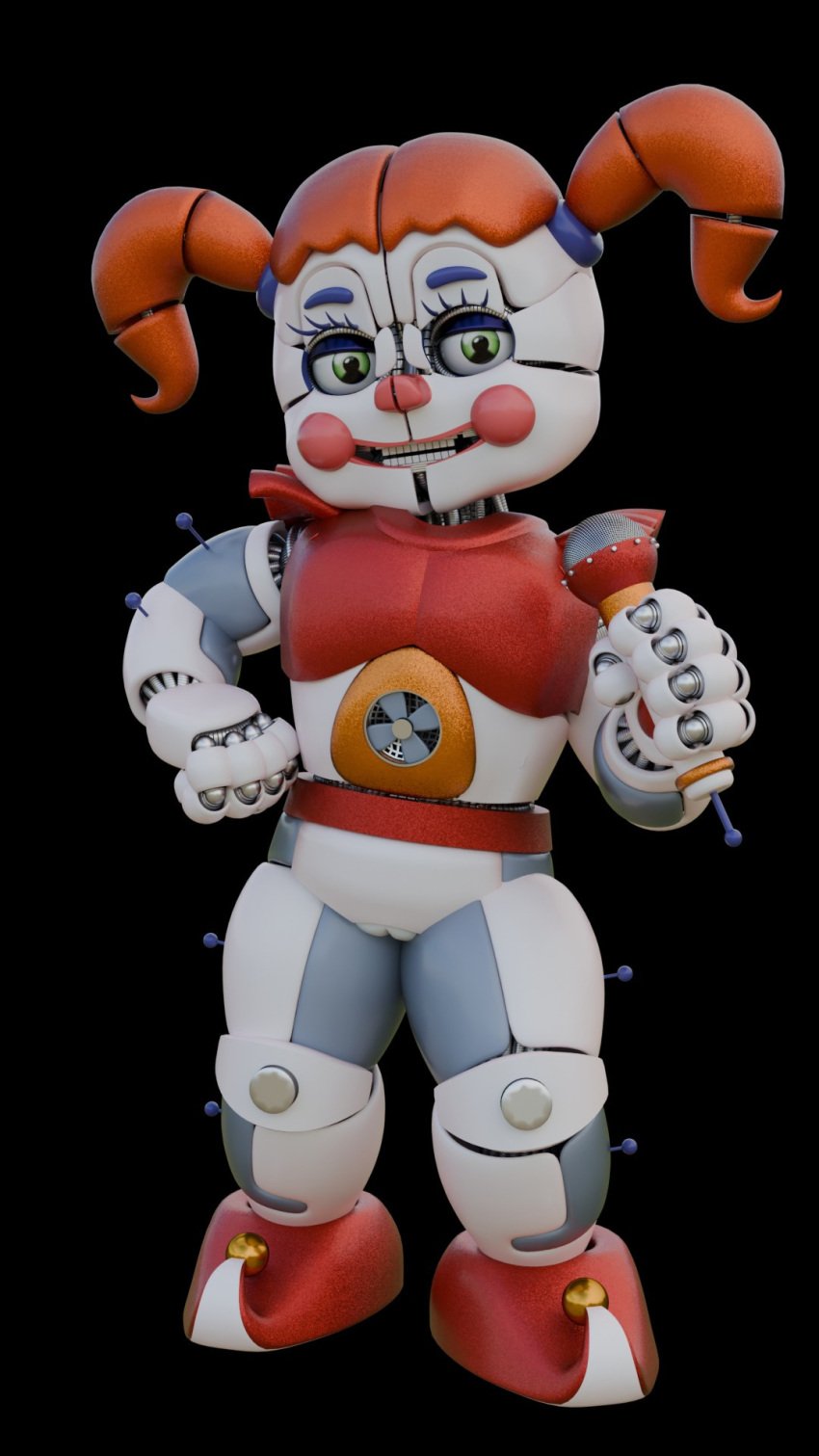 1girls 3d animatronic circus_baby_(fnaf) five_nights_at_freddy&#039;s five_nights_at_freddy&#039;s:_sister_location green_eyes microphone orange_hair pussy robot robot_girl robot_humanoid solo twintails vagina white_body zxxxarts