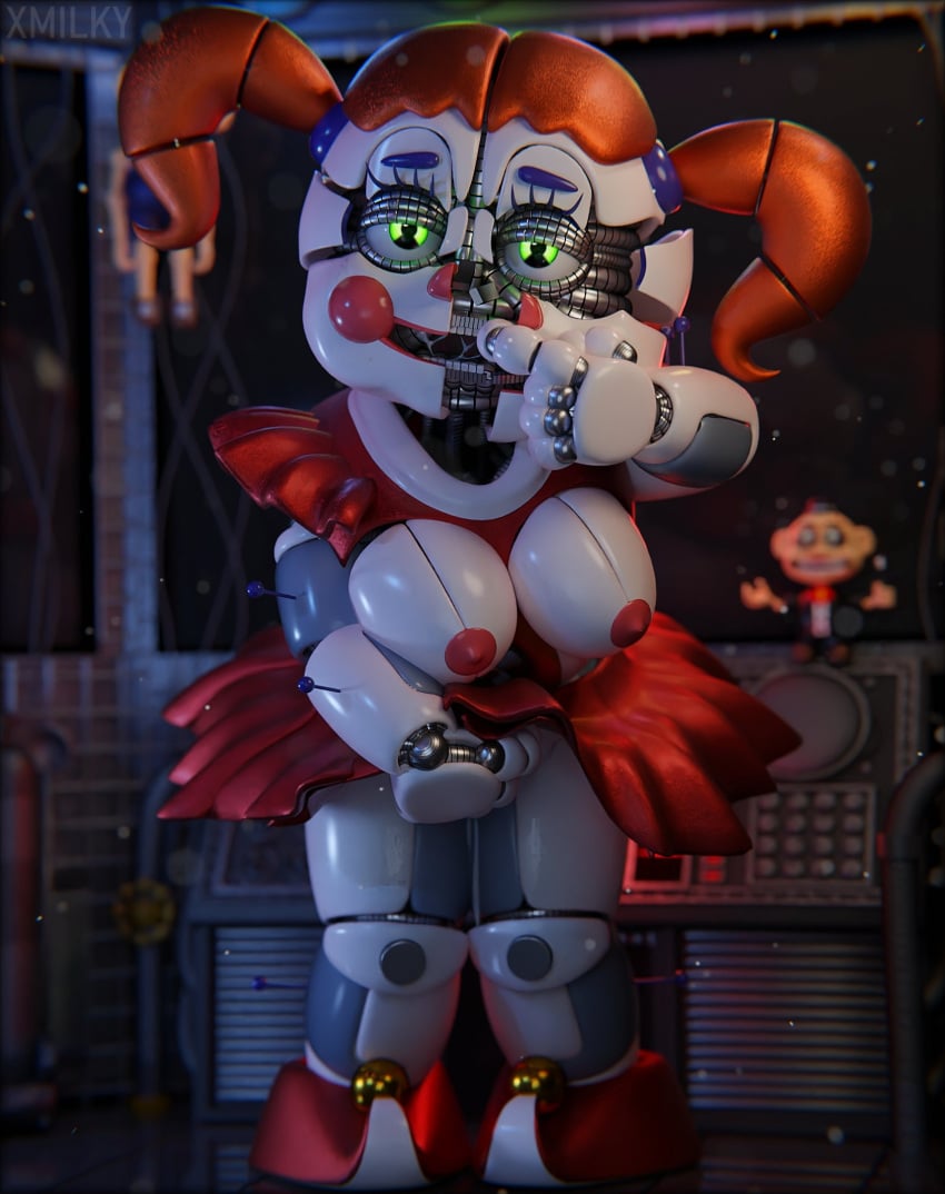 1girls 3d animatronic big_breasts breasts busty circus_baby_(fnaf) female_masturbation fingering fingering_pussy fingering_self five_nights_at_freddy's five_nights_at_freddy's:_sister_location green_eyes masturbation nipples orange_hair robot robot_girl robot_humanoid skirt skirt_up solo solo_female twintails x3milky