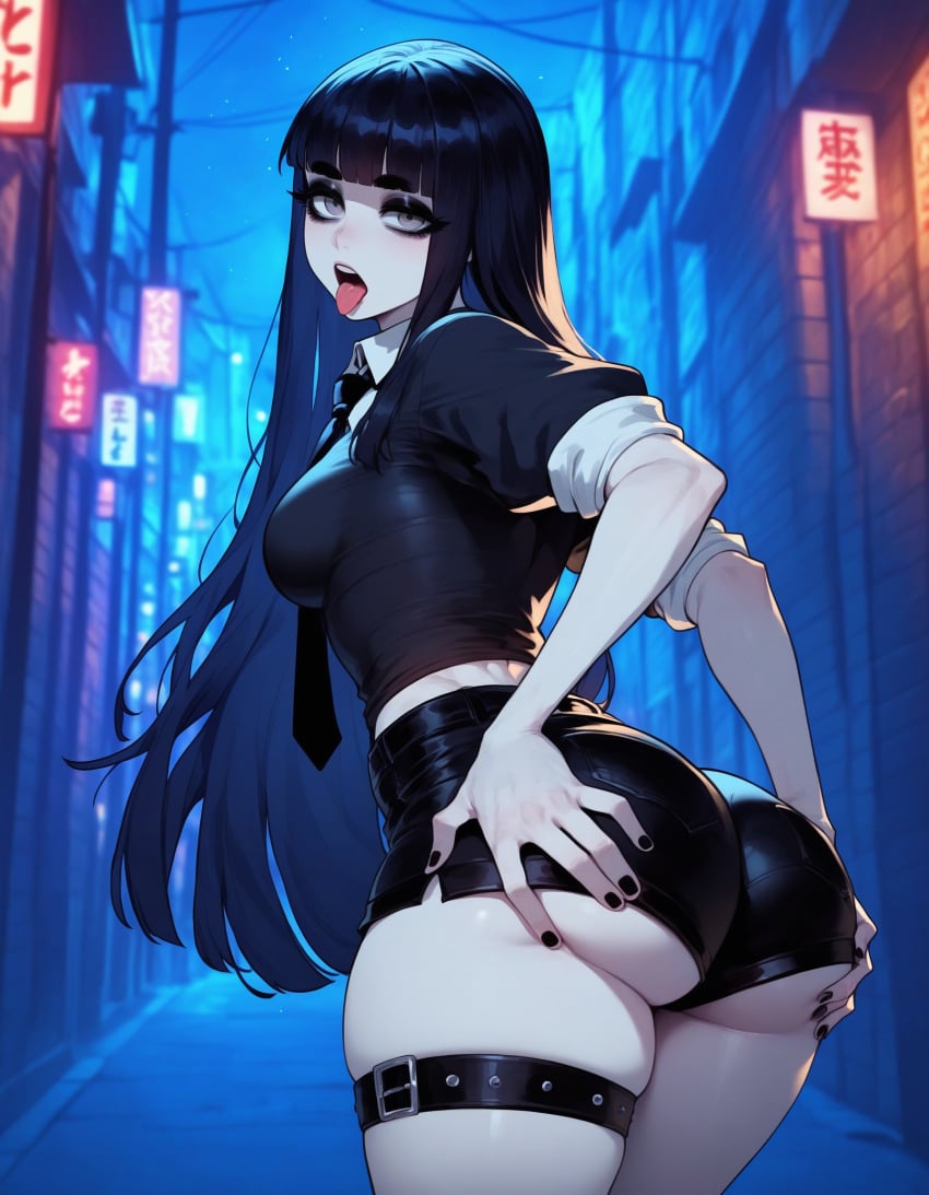 1girls ai_generated alley artstyle_imitation ass ass_focus bangs bella_(xandr) black_earrings black_hair black_makeup blunt_bangs breasts choker ear_piercing earrings emotionless eyelashes eyeshadow goth goth_girl goth_slut gothic gothic_lolita grey_eyes hand_on_butt light-skinned_female makeup medium_breasts night night_sky pale-skinned_female seductive seductive_look straight_hair street thiccwithaq_(ai_style) thick_ass thick_legs thick_lips thick_thighs thighs thin_female thin_waist tongue_out underbutt voluptuous voluptuous_female white_skin xandr young younger_female