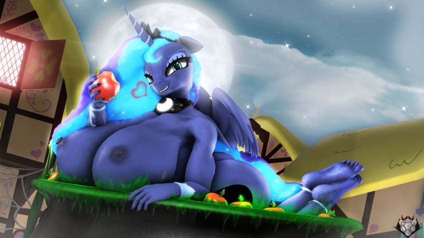 absurd_res alicorn anthro apple ass big_breasts big_butt breasts cauldron equid equine feet female food friendship_is_magic fruit gigantic_breasts hasbro hi_res horn horse mammal moon my_little_pony mythological_creature mythological_equine mythology naughty_cube night nude plant pony princess_luna_(mlp) slime solo wings