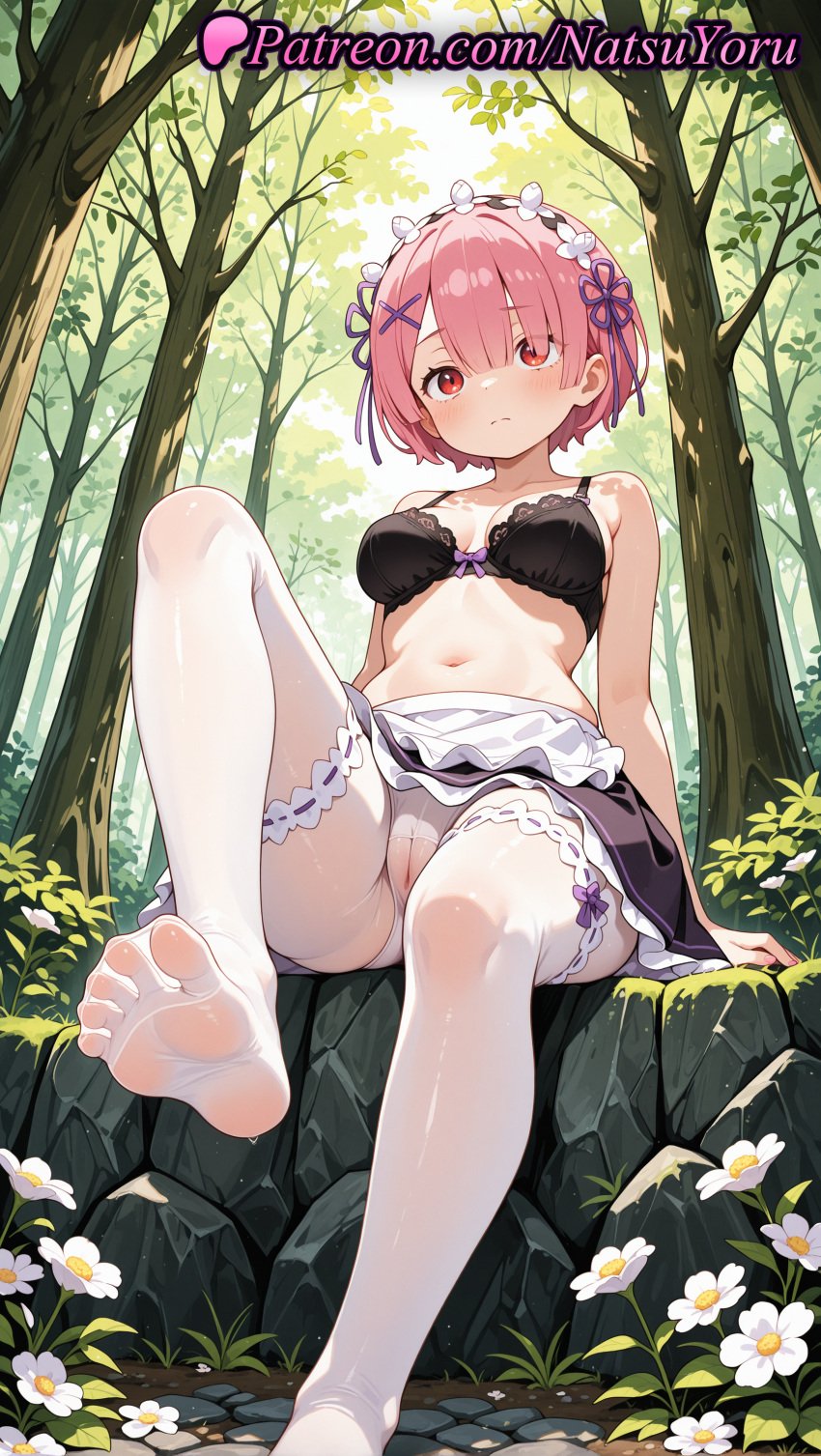 1girls 2025 ai ai_assisted ai_generated anime anime_style apron arm_support asian bangs bare_arms bare_shoulders black_bra black_skirt blush bra breasts bust busty cameltoe closed_mouth crotch_seam day eyes_visible_through_hair feet female female_focus female_only flower flowers foot_fetish foot_focus foot_out_of_frame foreshortening forest frills frown grass hair_ornament hair_over_one_eye hair_ribbon hairband hentai hi_res high_quality high_resolution highres knee_up large_breasts leg_up legs lingerie looking_at_viewer maid maid_headdress maid_uniform medium_breasts miniskirt natsuyoru nature navel no_shoes outdoors panties panties_under_pantyhose pantyhose patreon pink_hair presenting_foot purple_ribbon pussy ram_(re:zero) re:zero_kara_hajimeru_isekai_seikatsu red_eyes ribbon rock see-through see-through_legwear sheer_legwear short_hair sitting skirt soles solo solo_female spread_toes stable_diffusion stomach thighhighs thighs toes tree underwear upskirt vagina voluptuous voluptuous_female waist_apron white_apron white_flower white_legwear white_panties white_pantyhose white_thighhighs x_hair_ornament