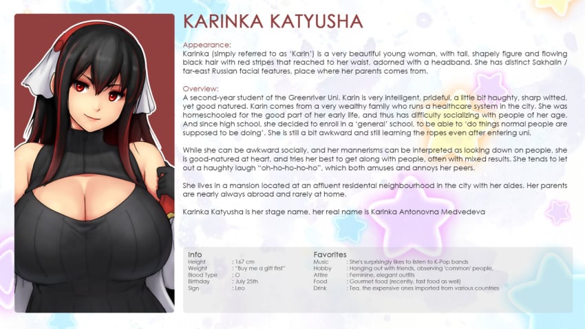 2022 big_breasts black_hair black_shirt character_bio character_height character_name character_profile character_sheet character_weight cleavage_cutout college college_student erkaz erkaz_(artist) erkazooya errorkazoo hair_ornament karinka_katyusha_(errorkazoo) large_breasts long_hair plump red_bangs red_dye red_eyes university university_student