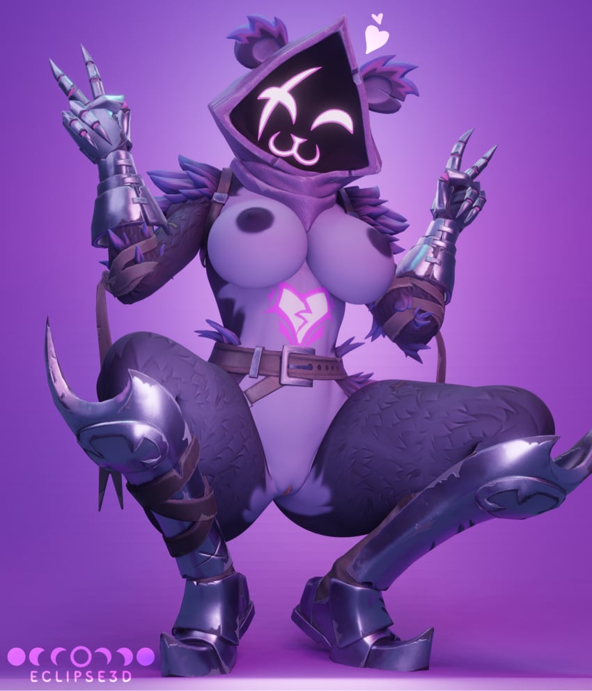 3d 3d_(artwork) 3d_model 3d_render :3 anthro bear_girl breasts breasts_out eclipse3d fortnite fortnite:_battle_royale furry furry_female furry_only kneeling legs_open legs_spread naked naked_female peace_sign purple_fur raven_team_leader video_game video_game_character video_games