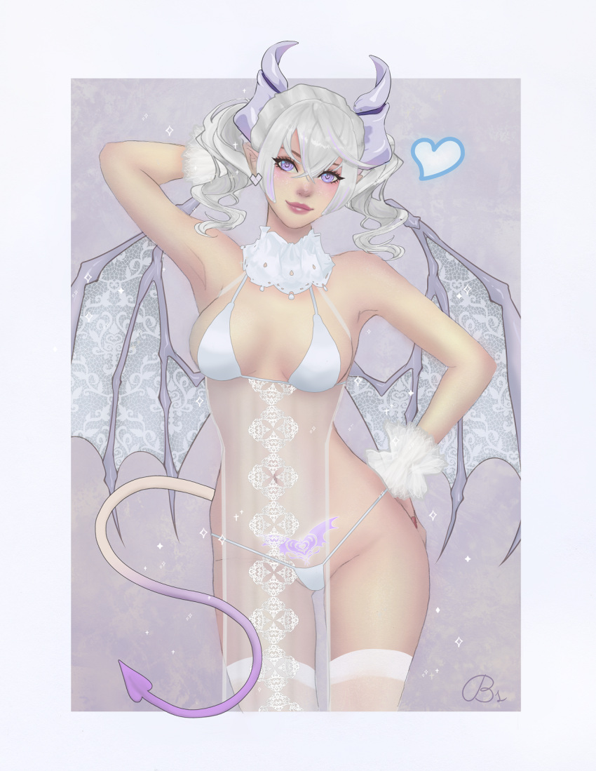 1girls balandis-meow cleavage female female_only glowing_markings glowing_tattoo heart_symbol png pubic_tattoo purple_eyes revealing_clothes skimpy_clothes stockings succubus succubus_tail succubus_wings tail tattoo thighhighs white_hair wings