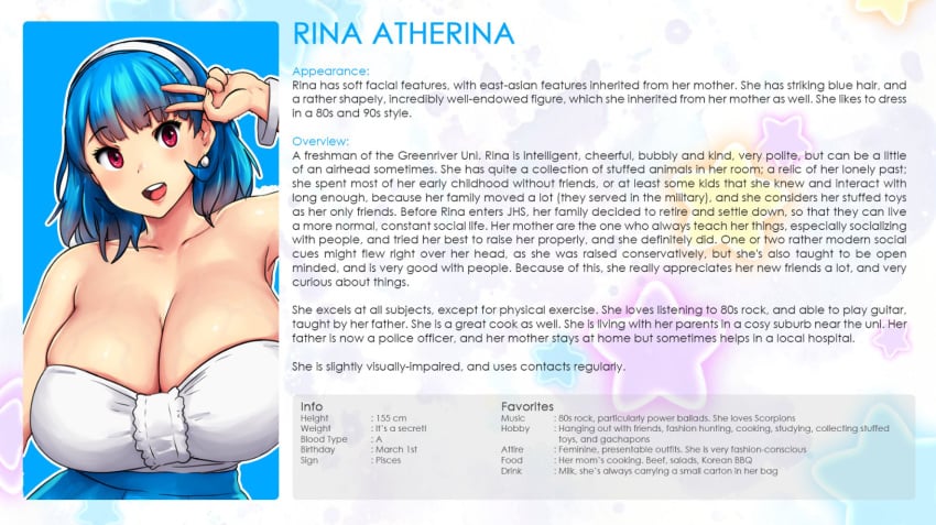 2022 big_breasts blue_hair blue_skirt character_bio character_height character_name character_profile character_sheet character_weight college college_student earrings erkaz erkazooya errorkazoo hair_ornament large_breasts peace_sign pink_eyes plump rina_atherina rina_atherina_(errorkazoo) smiling university university_student white_topwear