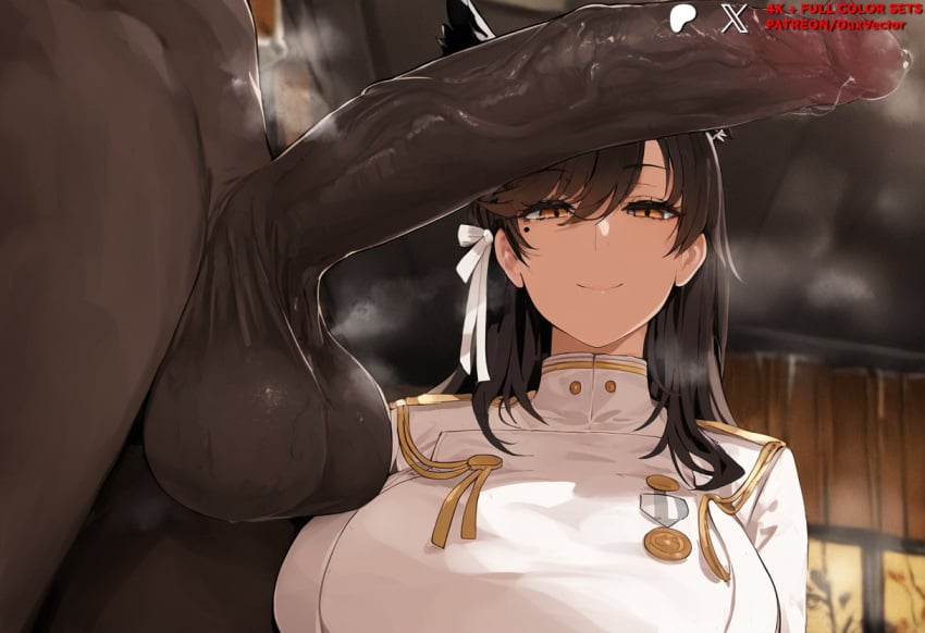 1boy ai_generated animal_ears atago_(azur_lane) azur_lane bangs black_hair blush breasts brown_eyes buttons closed_mouth clothed_female clothed_female_nude_male clothing dark-skinned_male dark_skin duxvector erection extra_ears female hair_ornament hair_ribbon huge_breasts huge_cock indoors interracial large_breasts large_penis long_hair looking_at_viewer male military military_uniform mole mole_under_eye netorare ntr nude nude_male penis penis_awe precum ribbon smile solo_focus steam straight sweat swept_bangs testicles uncensored uniform veins veiny_penis white_gloves white_ribbon yellow_eyes