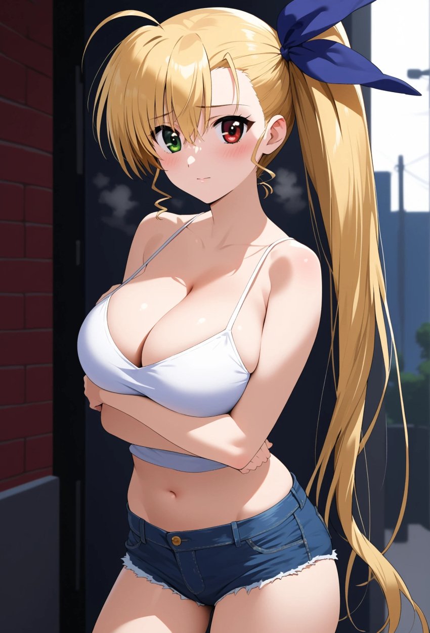 ahoge ai_generated bare bikini blonde_hair breasts camisole cleavage crop cutoffs denim hair heterochromia large long mahou_shoujo_lyrical_nanoha mahou_shoujo_lyrical_nanoha_strikers midriff ponytail ribbon short shorts shoulders side sling thighs top vivio