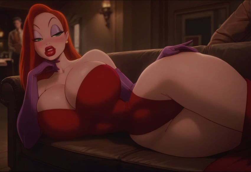 1girls ai_generated blush breasts_out civitai cleavage dress elbow_gloves erection green_eyes huge_breasts huge_cock jessica_rabbit long_hair lying makeup mamely32 on_side red_hair thick_thighs voluptuous_female who_framed_roger_rabbit wide_hips