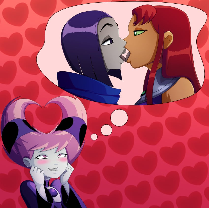 3girls alien_girl bare_shoulders biting_lip blue_cloak blush bob_cut cartoon_network cloak colored_skin couple dc dc_comics demon_girl duo duo_focus eye_contact female female/female female_only forehead_jewel french_kiss french_kissing gradient_background green_eyes green_sclera grey_skin half-closed_eyes hands_up heart heart_background imagining jewelry jinx_(dc) kissing koriand'r lesbian long_hair looking_at_another looking_up love multiple_females multiple_girls mutual_yuri open_mouth pink_eyes pink_hair purple_eyes purple_hair rachel_roth raven_(dc) ravenravenraven red_background red_hair romantic romantic_couple short_hair sidelocks starfire straight_hair tamaranean teen_titans tongue tongue_out upper_body yuri