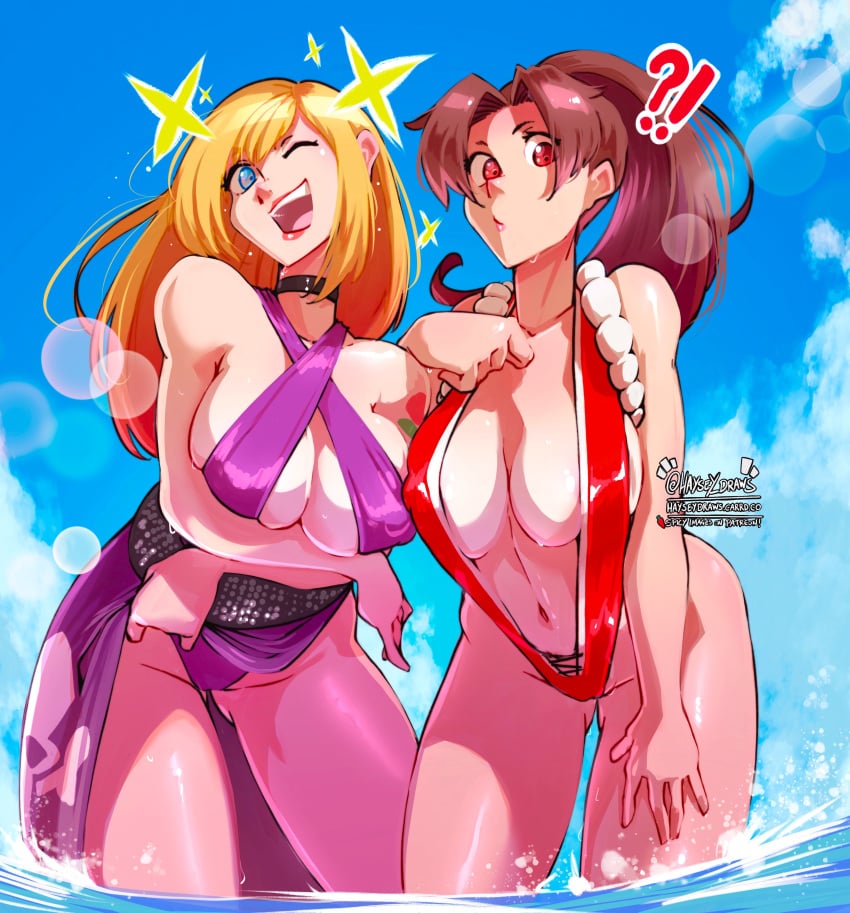 2girls absurdres bare_shoulders blonde_hair blue_eyes blush breasts brown_hair choker cleavage collarbone curious fatal_fury female/female female_only flower_tattoo garou:_mark_of_the_wolves hand_on_another's_shoulder haysey_draws highleg highleg_one-piece_swimsuit highres jenet_behrn jewelry large_breasts long_hair looking_at_viewer multiple_girls navel one-piece_swimsuit one_eye_closed open_mouth shiranui_mai smile snk standing stomach swimsuit tattoo the_king_of_fighters wet