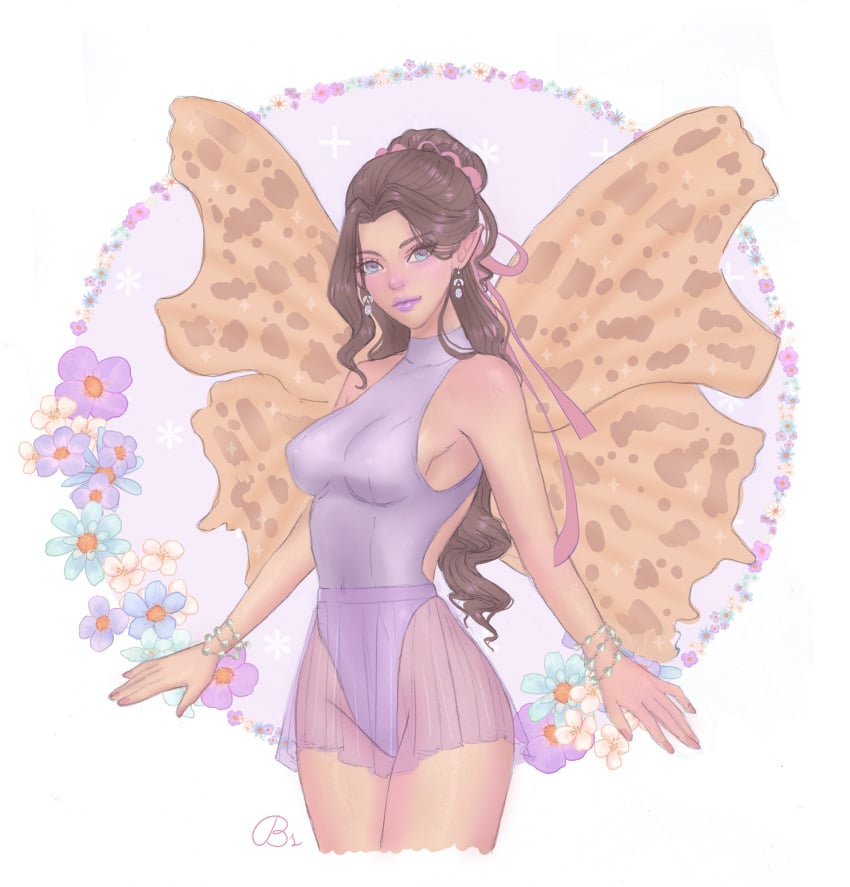 1girls balandis-meow brown_hair earrings female female_only fully_clothed lipstick makeup png pointy_ears purple_lipstick see-through see-through_clothing see-through_skirt tight_clothing transparent_clothing wings