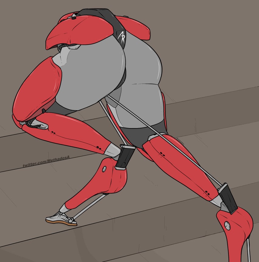 agility_robotics ambiguous_gender ass cassie_(agility_robotics) digitigrade machine methados non-human red_body robot stairs