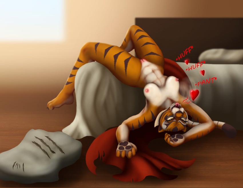 1girls ahe_gao anthro astraldog athletic_female bed bedroom breasts dreamworks feline female female_abs female_only fit_female fur furry heart kung_fu_panda looking_pleasured mammal master_tigress nipples nude orange_fur pussy ringed_tail solo stripes tiger upside-down white_fur