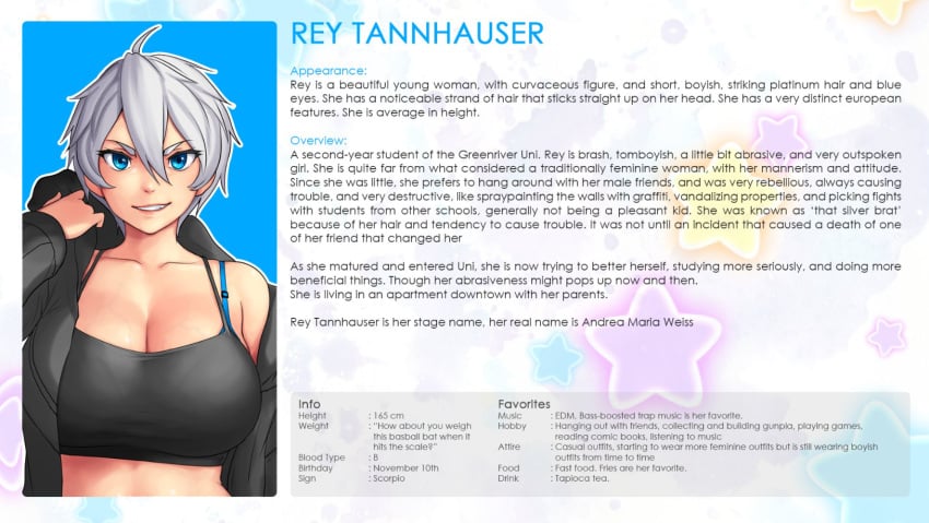 2022 big_breasts black_topwear blue_eyes character_bio character_height character_name character_profile character_sheet character_weight college college_student erkaz erkaz_(artist) erkazooya errorkazoo hoodie_removed large_breasts plump rey_(errorkazoo) short_hair smiling smirk smirking tomboy university university_student white_hair