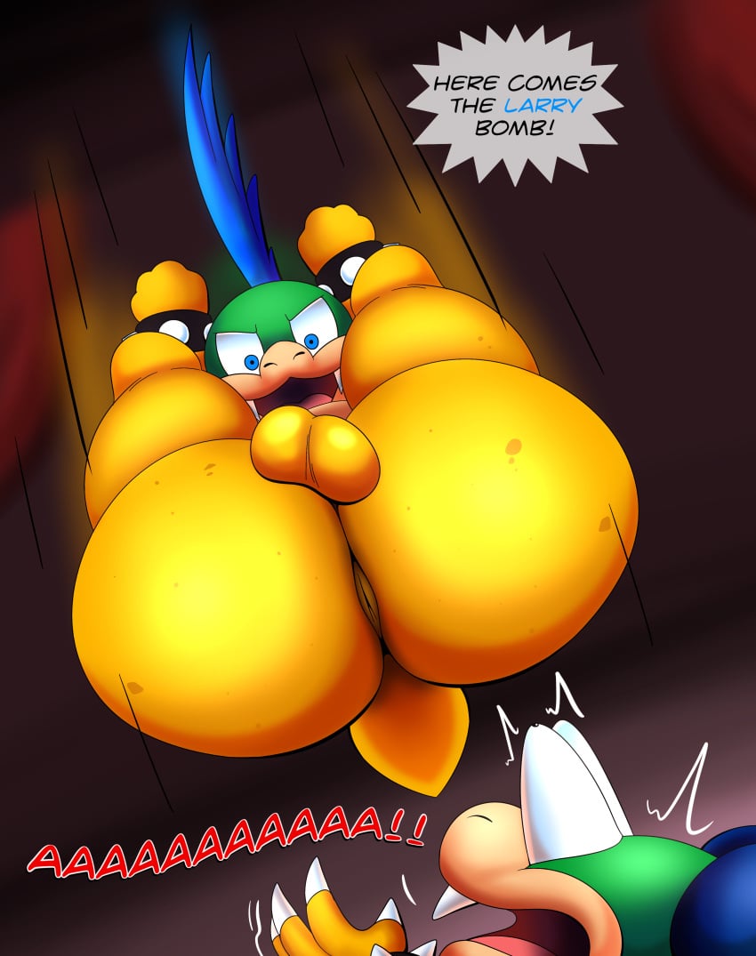 absurd_res anthro anus ass balls big_butt bracelet bulging_eyes dialogue duo fangs freckled_butt freckles genitals ground_pound hair hi_res high-angle_view humor imminent_facesitting inside jewelry koopa koopaling larry_koopa legs_up ludwig_von_koopa male male/male mario_bros motion_lines nintendo non-human nude raised_arms scalie spiked_bracelet spikes teeth tepigfan101 yelling