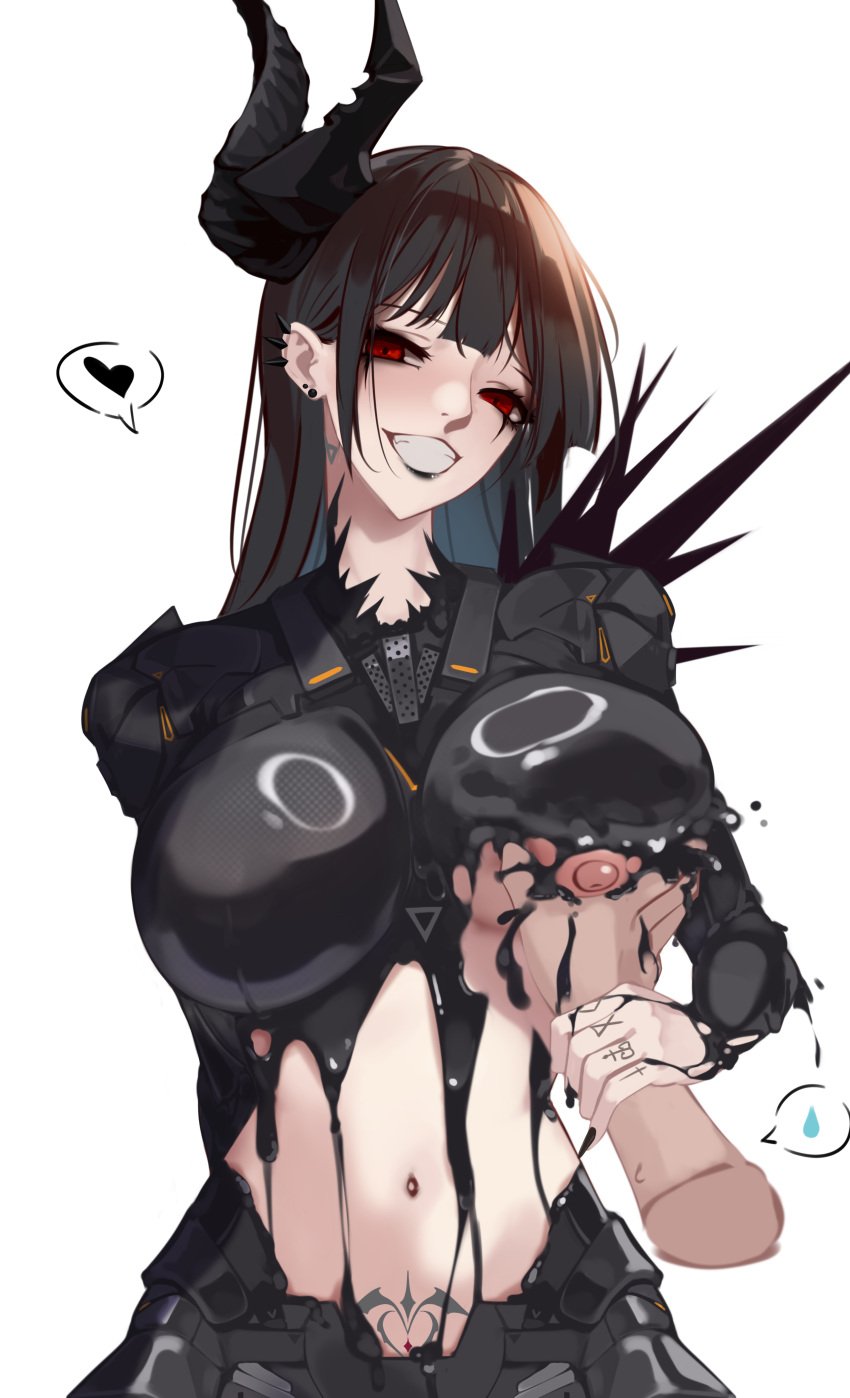 behemoth_(nikke) belly belly_button black_goo black_hair breasts commander_(nikke) corrupted ear_piercing forced goddess_of_victory:_nikke horn horns long_hair ohc. red_eyes tagme tits