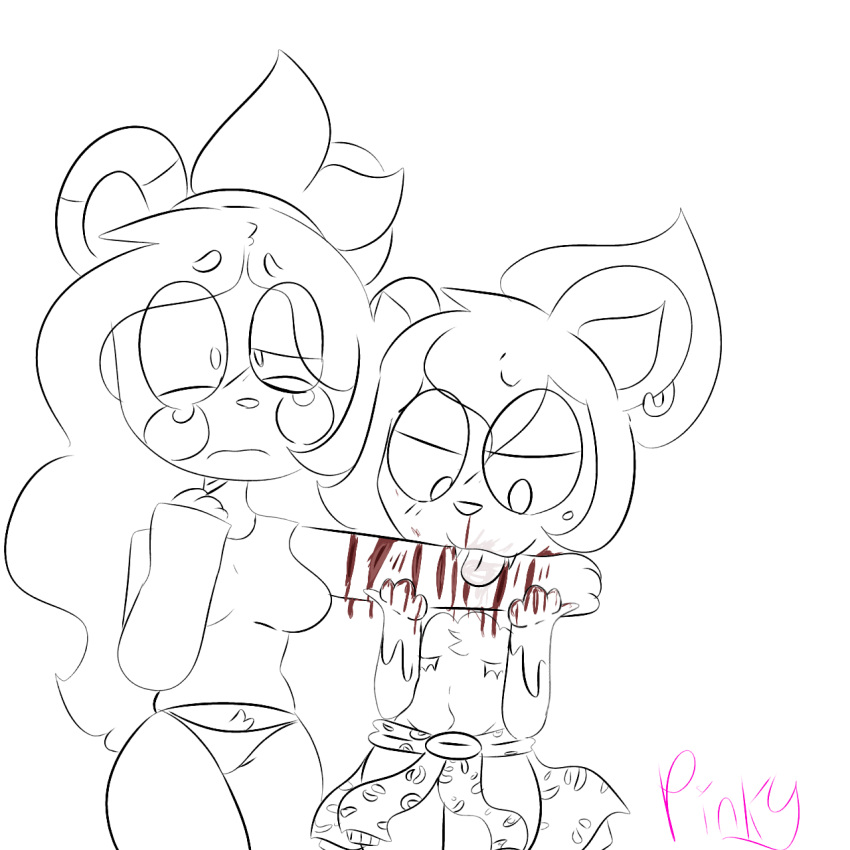 1girls 1male bear blood flavor_frenzy furry gore jam_(flavor_frenzy) licking_arm meringue_(flavor_frenzy) owo pinkycatpssy selfharm_scars transgender uwu