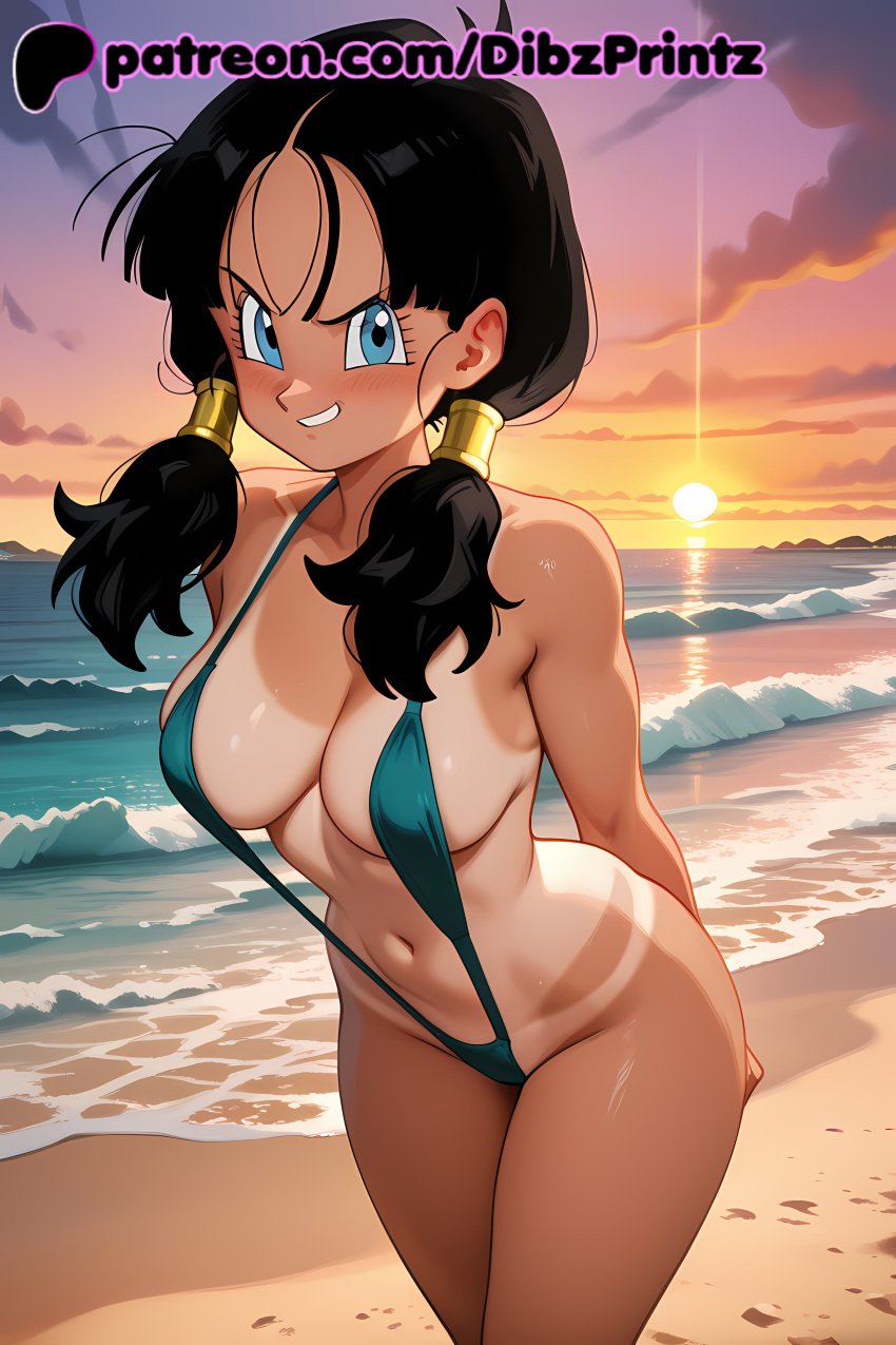 ai ai_assisted ai_generated anime arms_behind_back artist_name bare_shoulders beach black_hair blue_eyes blush breasts cloud collarbone dibzprintz dragon_ball dragon_ball_z female grin hi_res high_quality high_resolution highres large_breasts long_hair looking_at_viewer low_twintails medium_breasts navel ocean one-piece_swimsuit one-piece_tan outdoors patreon patreon_logo patreon_username sand sky slingshot_swimsuit smile solo stomach sun sunset swimsuit tan tanlines thighs twintails v-shaped_eyebrows videl water watermark web_address