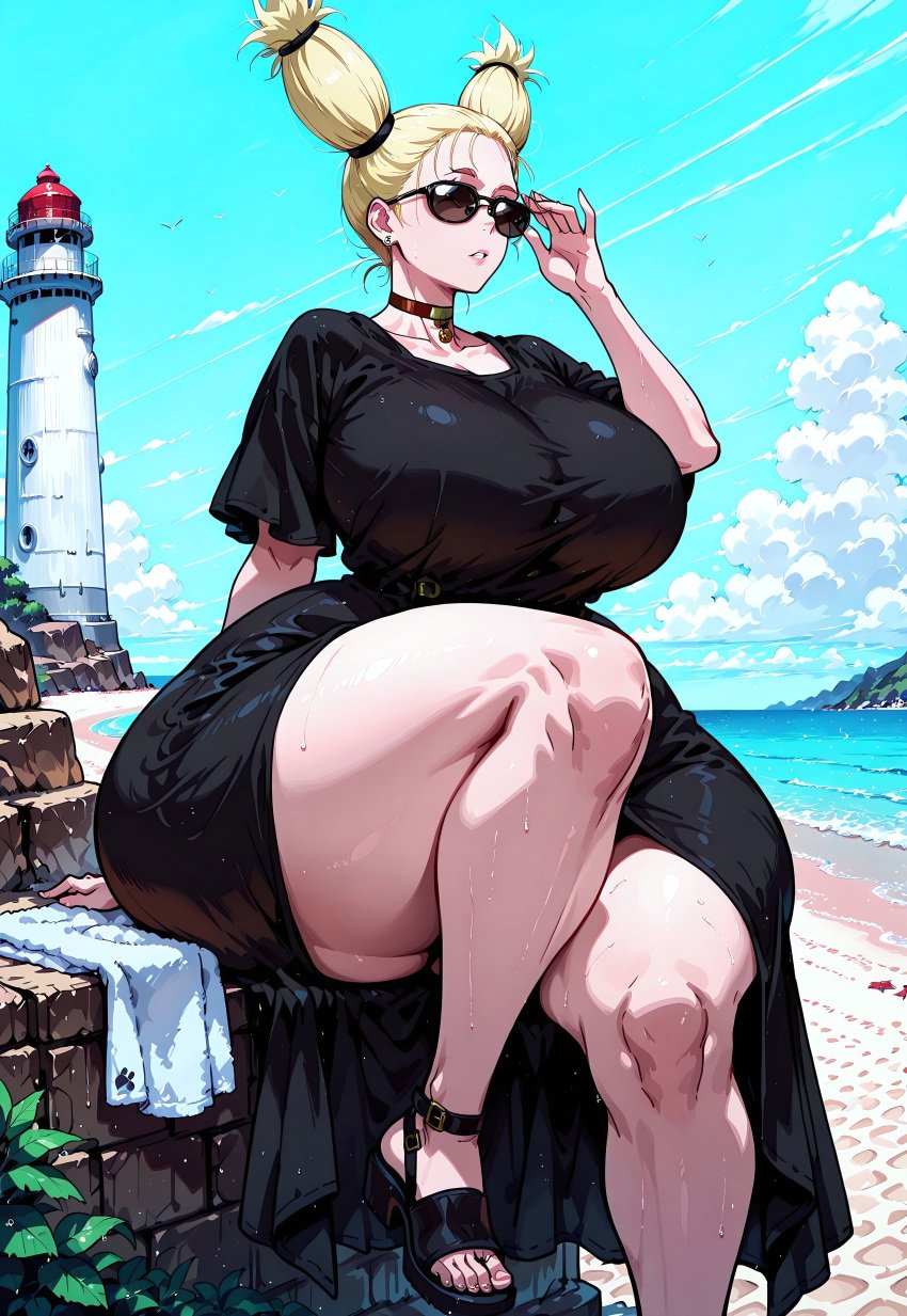 1girls 4k absurd_res absurd_resolution absurdres adjusting_eyewear ai_assisted ai_generated anime anime_style beach beach_towel blonde_hair choker civitai clothed_female day detailed detailed_background dress earrings female front_view giant_woman gts huge_ass huge_breasts jujutsu_kaisen knee_up lighthouse looking_to_the_side loose_clothes macro_female macrophilia mini_giantess nishimiya nishimiya_momo outside parted_lips sandals sitting sitting_on_bench size_fetish solo solo_female sunglasses tall_female tall_girl thick_thighs twintails voluptuous voluptuous_female wide_hips