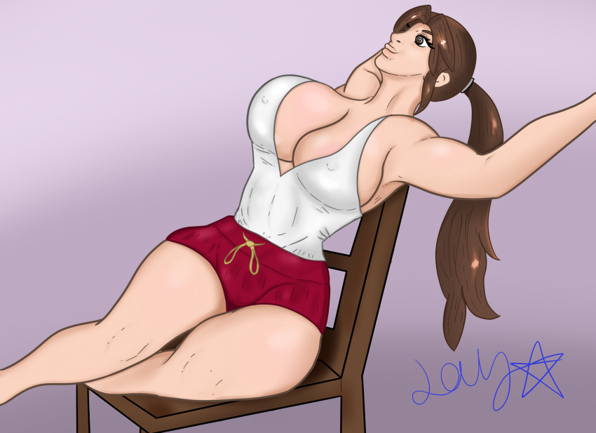 abs big_breasts breasts brown_eyes brown_hair casual chair cleavage human human_only jfode king_of_fighters light-skinned_female light_skin mai_shiranui nipple_bulge nipples_visible_through_clothing self_upload sexy_pose shorts snk stretching tight_clothing white_shirt