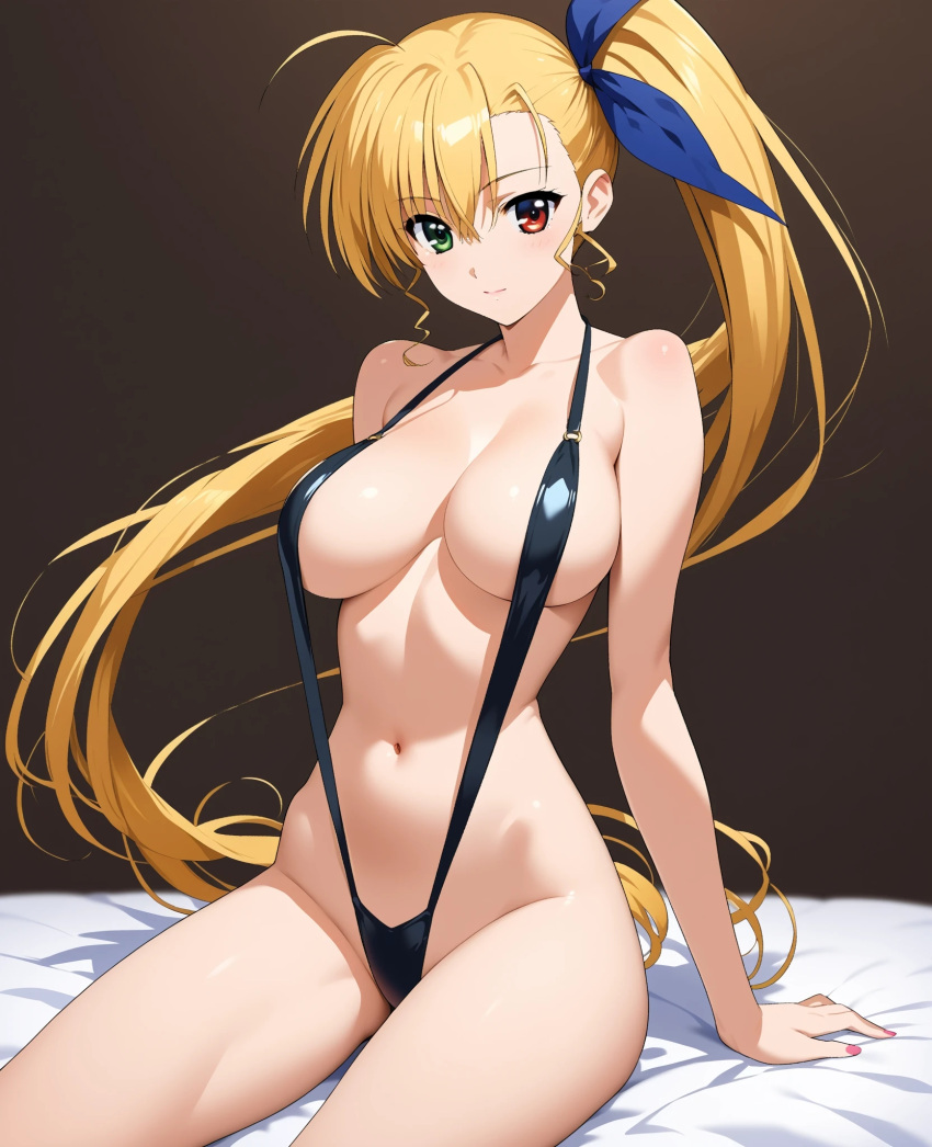 ahoge ai_generated bikini blonde_hair breasts hair heterochromia large long mahou_shoujo_lyrical_nanoha mahou_shoujo_lyrical_nanoha_strikers ponytail ribbon side sling thighs vivio