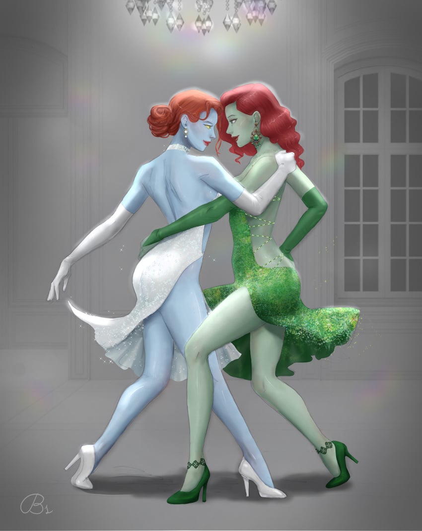 2girls backless_dress backless_outfit balandis-meow blue_skin dancing dress earrings elbow_gloves female female_only fully_clothed gloves green_skin high_heels png red_hair