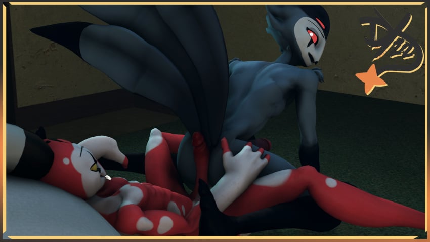 3d anthro ass avian bed bird blitzo_(helluva_boss) butt_grab demon derpyz2 digital_media_(artwork) duo furniture hand_on_butt helluva_boss hi_res hot_dogging imp leg_grab male male/male night owl owl_demon poster sex stolas_(helluva_boss)